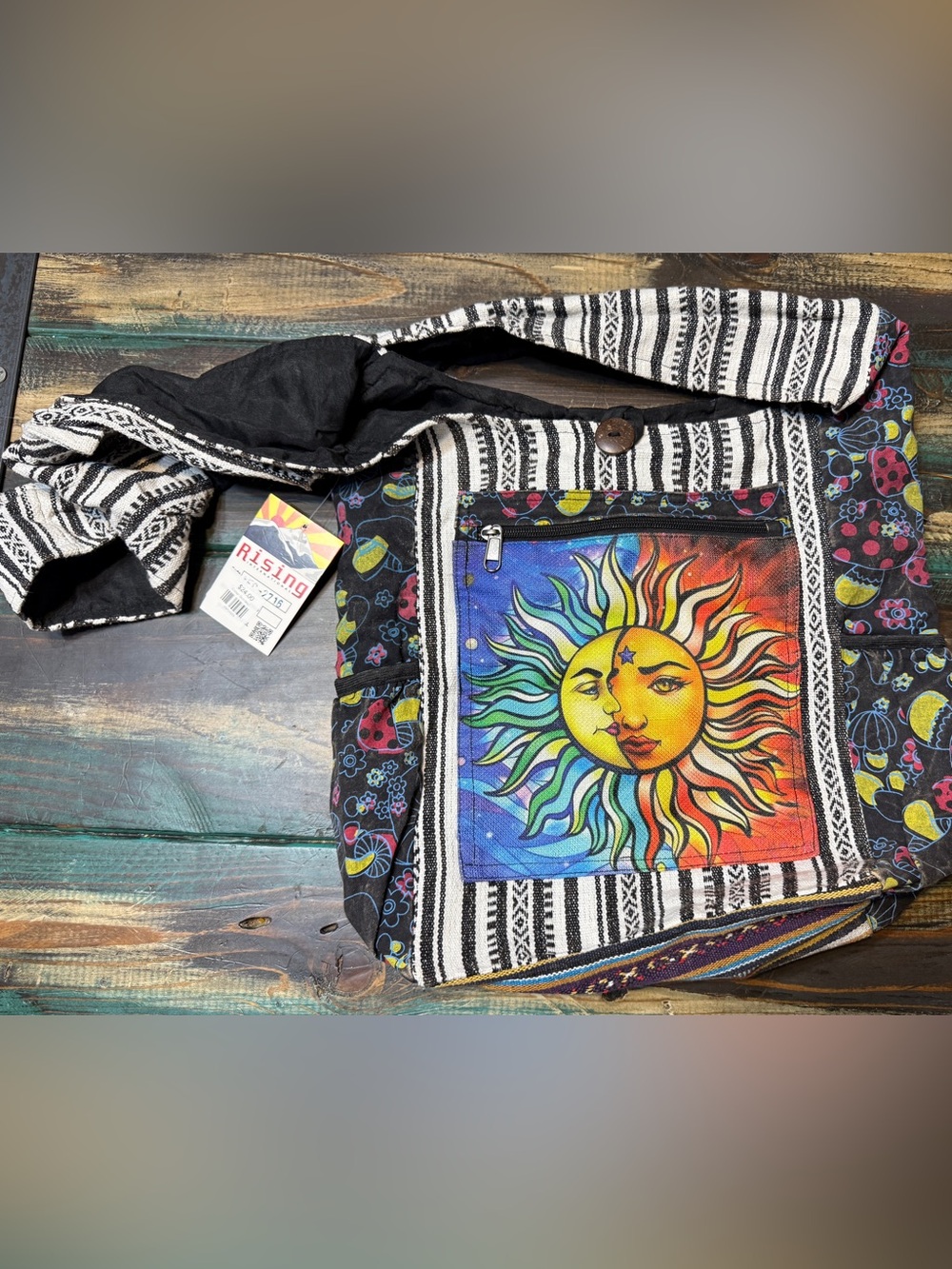Rising International Black & White Striped Crossbody with Colorful Sun Panel